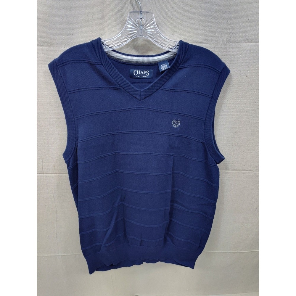 Chaps Mens Navy Blue V-Neck Textured Stripe‎ Sweater Vest Small Logo Preppy